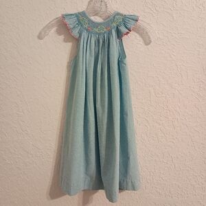 Vintage Childs Easter Dress Smocked Sleeveless Blue Plaid Turtles And Flowers 4
